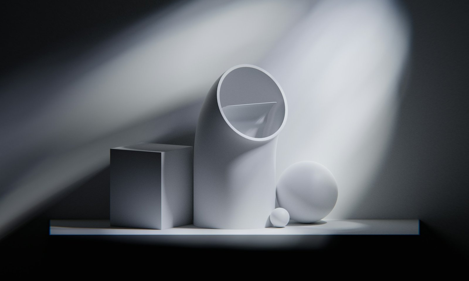 Minimalist 3D geometric forms lit by a soft beam — web design concept